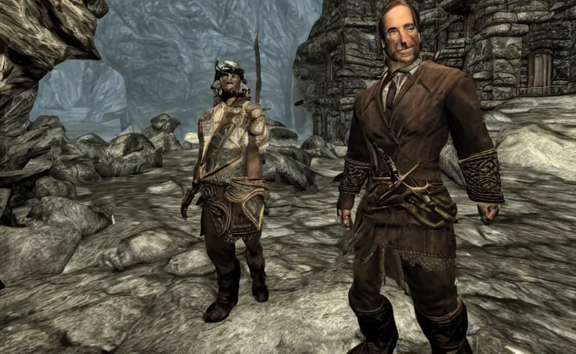 Prompt: Saul Goodman Exploring a dungeon in skyrim