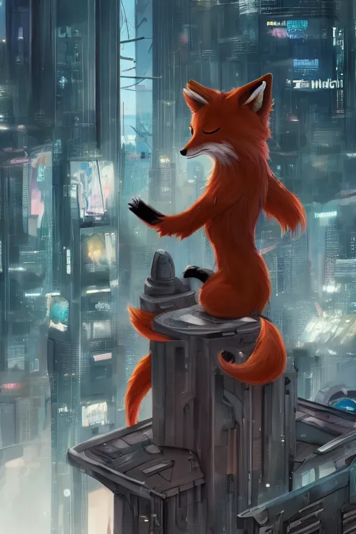 Image similar to an anthropomorphic fox with a fluffy tail staring over a futuristic city from the top of a roof, comic art, trending on furaffinity, cyberpunk, backlighting, cartoon