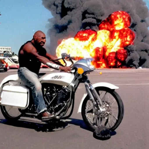 Image similar to mike tyson riding a motorcycle, explosion in the background