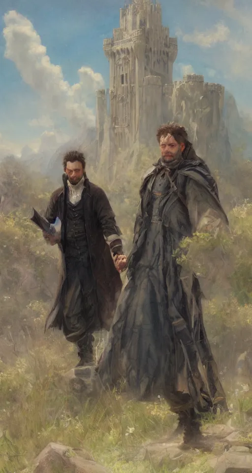 Image similar to no people. Solomon Joseph Solomon and Richard Schmid and Jeremy Lipking victorian genre painting portrait painting ofa fairy tail wizards castle tower