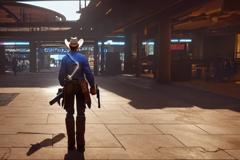 Image similar to photo from behind of a cowboy, carrying a gun, on a futuristic shopping mall, cinematic lightning, ray tracing, unreal engine 5, photorealistic, 8 k, uhd, 4 k, red dead redemption 3 game concept, extremely detailed, beautiful, elegant, intricate, foggy, in - game footage