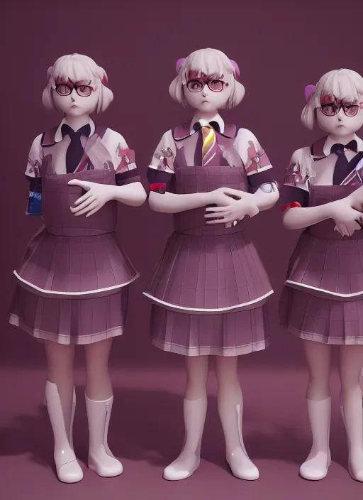 Image similar to schoolgirls selling plastic cats, photorealistic, canon r 3, symmetry, octane render, unreal engine, dramatic lights