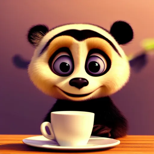 Prompt: a cute panda with big eyes looking at a cup of coffee, bamboos on background. Pixar Disney 4K 3d render funny animation movie Oscar winning trending on ArtStation and Behance. Ratatouille style.