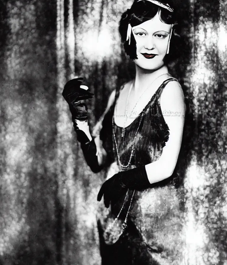 Prompt: antique colored shot of a 1 9 2 0 s short - haired flapper woman in black satin gloves looking and smirking at the camera, at a party in a dimly lit speakeasy bar, jazz age, cohesive, 5 0 mm photography, precise, art deco, cinematic, low - lighting, photography