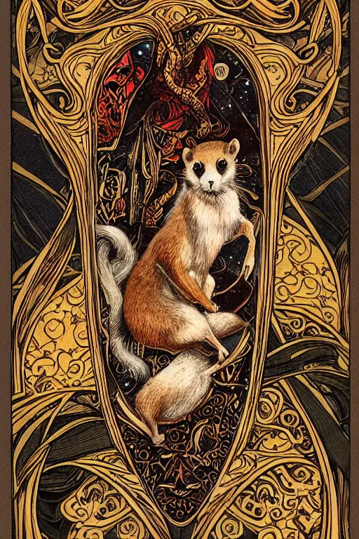 Prompt: Tarot card illustration of The Stoat, illustration by Ayami Kojima, art nouveau style, elaborate details, 4k