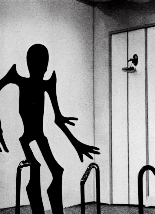 Image similar to creepy realistic scary gangly ghost monster invades the crowded set of a 9 0's childrens tv gameshow, everyone runs in horror, grainy black and white surveillance