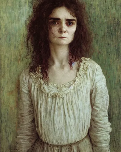 Prompt: a beautiful but sinister girl who looks like shirley henderson in layers of fear, with haunted eyes and curly hair, 1 9 7 0 s, seventies, delicate embellishments, a little blood, crimson, painterly, offset printing technique, by jules bastien - lepage