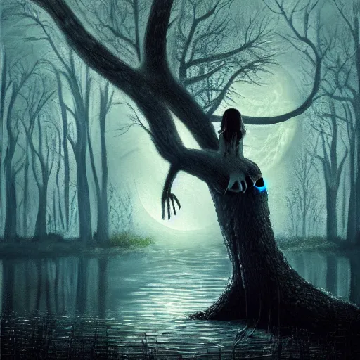 Image similar to an ultra detailed painting of a girl in a silver dress sitting in a gigantic ancient tree next to a pond at night, surrounded by a towering dark forest, the moon can be glimpsed through the trees and is veiled by fog, fog obscures the background, midnight, dark fantasy, fantasy forest, spooky forest, highly realistic, realistic painting