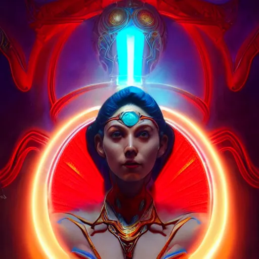 Prompt: darna, wax figure, glowing eyes, volumetric lights, red and cyan theme, art nouveau botanicals, intricate, highly detailed, digital painting, artstation, concept art, smooth, sharp focus, cinematic, illustration, beautiful face, art by artgerm and greg rutkowski and alphonse mucha