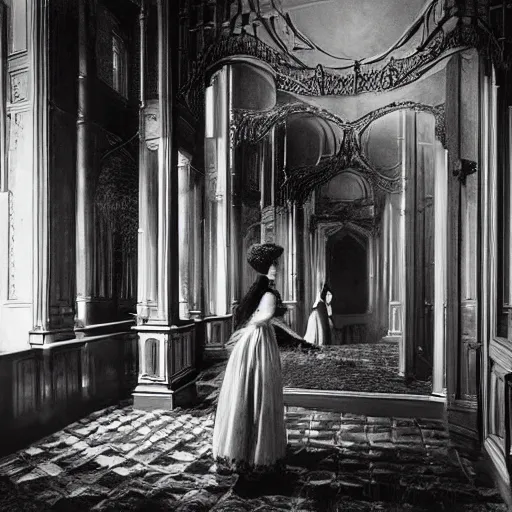 Image similar to a beautiful victorian woman is frightened by her doppleganger in a mirror. she is in a long hallway of mirrors. victorian interior, with many mirrors, twins, elegant design, haunting atmosphere, dark lighting, gothic, horror style, scary, swirling fog, volumetric lighting, by greg rutkowski, realistic, dutch angle, 3 / 4 view.