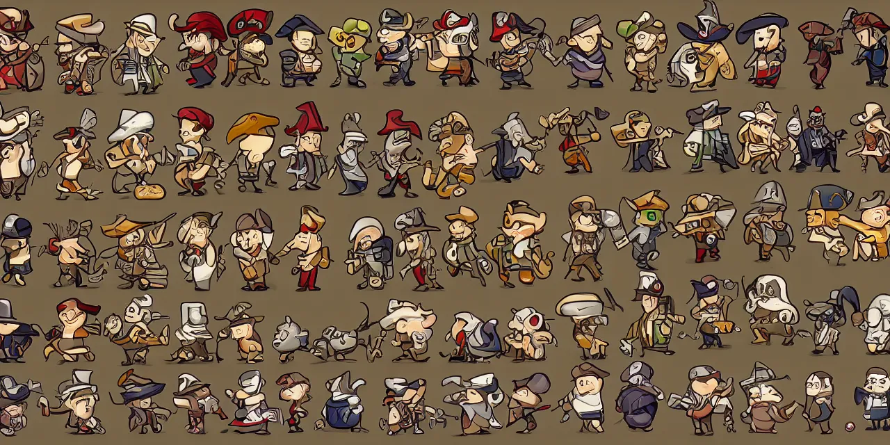 Prompt: item selection screen, grid, 2 d sprite, art deco era gangsters, chibi animals, chibi pirates