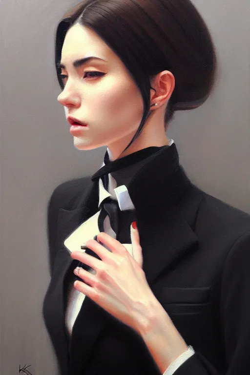 Prompt: a ultradetailed beautiful portrait panting of a stylish woman wearing a black loose fit suit with a tie, oil painting, by ilya kuvshinov, greg rutkowski and makoto shinkai, trending on artstation