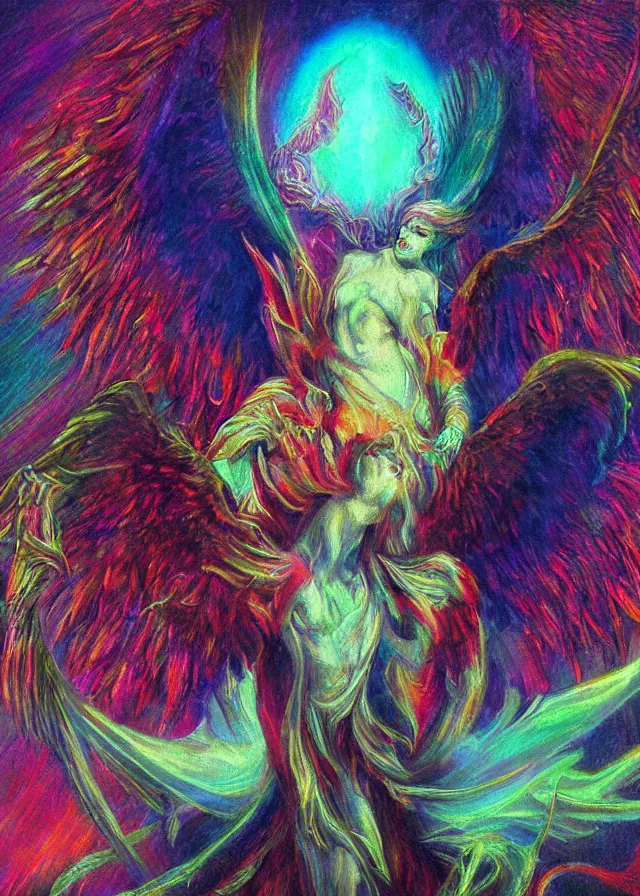 Image similar to Lucifer of the lunar mythos mercurial (surreal) angel mist, award winning oil painting, chromatic aberration polychromatic color palette radiant colors