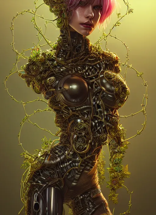 Prompt: soft lustrous organic biotech raver gutter punk cyborg bioweapon made of vines and flowers, golden ratio, details, sci - fi, cyberpunk, dark fantasy, intricate, ornate, highly detailed, octane render, 8 k, artstation, concept art, smooth, sharp focus, illustration, art by artgerm, loish, wlop