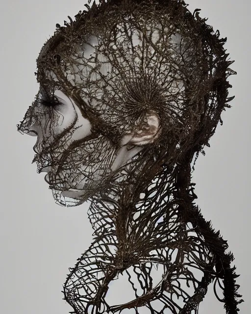 Prompt: a woman's face in profile, wearing a space helmet made of intricate delicate seaweed skeleton, in the style of the dutch masters and gregory crewdson, dark and moody