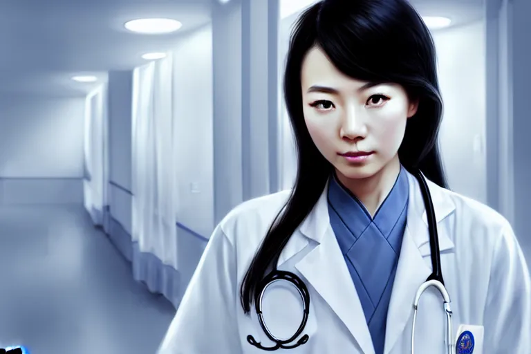 Prompt: an elegant and beautiful chinese female doctor in a white coat in a hospital ward, cinematic, highly detailed, digital painting, artstation, concept art, matte, sharp focus, illustration, art by artgerm and greg rutkowski