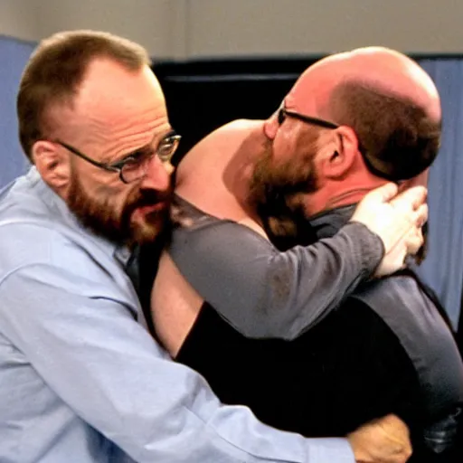 Image similar to Michael Ehrmantraut hugging walter white from behind wrestling breaking bad