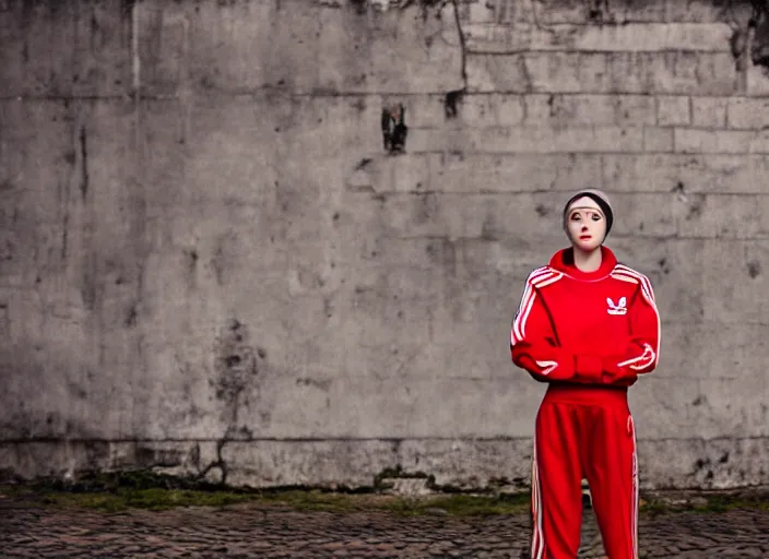 Image similar to 2 0 years old female gopnik in red adidas sport costume, soviet yard, typical russian atmosphere, symmetrical, cinematic, real photography