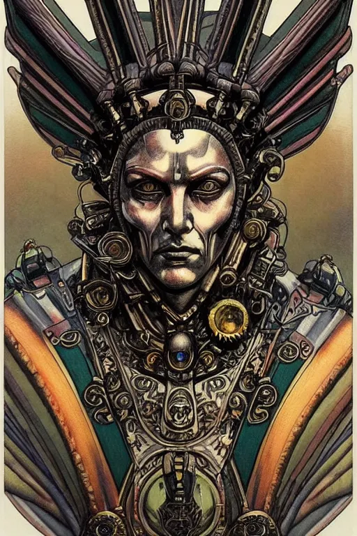 Image similar to a dramatic full-color art nouveau and ironpunk styled bust portrait of a godlike and stoic alien king, with strong judging eyes, extremely detailed, art nouveau cybenetic engraved armor and intricately detailed angel-winged crown of cosmic power, perfectly symmetrical facial structure and framework, handsome yet brutal alien facial features of ancient swarth, by simon bisley, michael kaluta and travis charest, dark sci-fantasy, deeply ornate complexity, male face and bust, human anatomy mixed with cosmic alien and cyborg characteristics, sci-fi character concept, photorealism, art nouveau framing, stunning lighting, hyperrealism, 8k