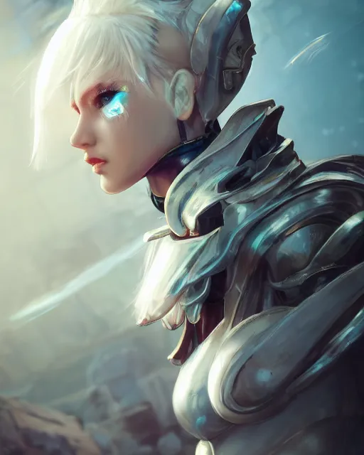 Image similar to android girl in egyptian ruins, warframe armor, exploration, white hair, atmosphere, glow, detailed, intricate, beautiful face, cinematic lighting, trending on artstation, blue eyes, 4 k, focused, extreme details, cinematic, masterpiece, by akihito tsukushi