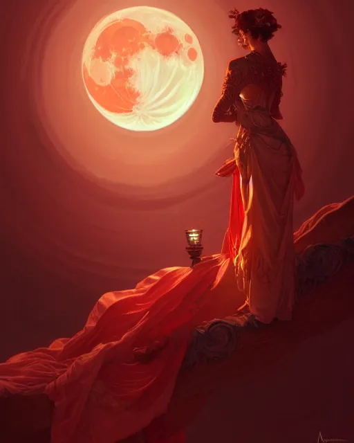 Prompt: painting of the blood moon, decorated, intricate, elegant, highly detailed, digital painting, artstation, concept art, smooth, sharp focus, illustration, art by artgerm and greg rutkowski and alphonse mucha, 8 k