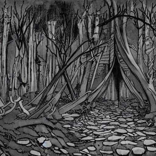 Prompt: deep into the witchwood forest swamp, studio ghibli, crows, decay, hut,