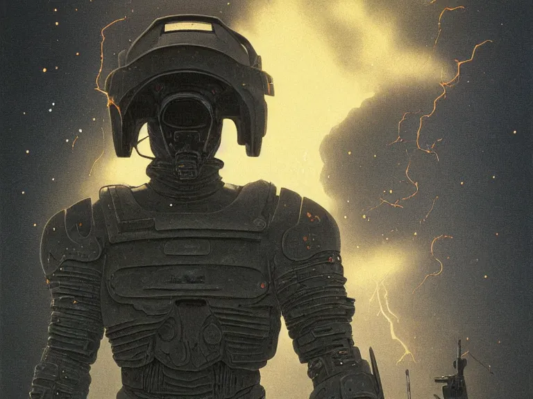 Prompt: a detailed profile portrait painting of a bounty hunter in combat armour and visor gazing into the sky. Smoke. cinematic sci-fi poster. Cloth and metal. Welding, fire, flames, samurai Flight suit, accurate anatomy portrait symmetrical and science fiction theme with lightning, aurora lighting clouds and stars. Clean and minimal design by beksinski carl spitzweg moebius and tuomas korpi. baroque elements. baroque element. intricate artwork by caravaggio. Oil painting. Trending on artstation. 8k