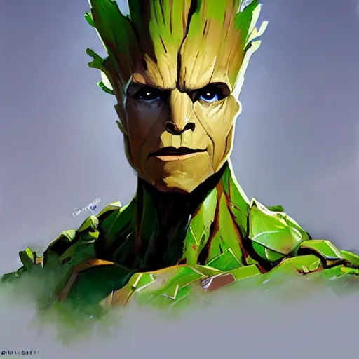 Image similar to greg manchess portrait painting of armored groot as overwatch character, medium shot, asymmetrical, profile picture, organic painting, sunny day, matte painting, bold shapes, hard edges, street art, trending on artstation, by huang guangjian and gil elvgren and sachin teng