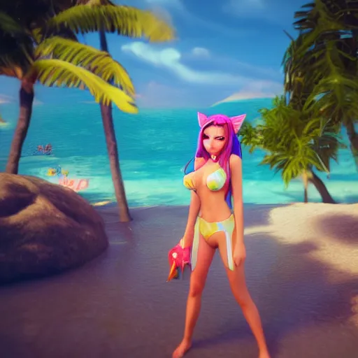 Image similar to beautiful render of Wild Rift's pool party Ahri looking at the horizon in a hawaii beach, 3d, octane render, realistic, highly detailed, trending on artstation