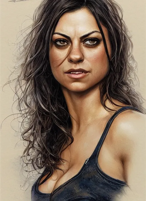 Image similar to muscled Mila Kunis grinning as a ruggedly handsome heroine, intricate, elegant, highly detailed, centered, artstation, concept art, smooth, sharp focus, illustration, bokeh art by artgerm and donato giancola and Joseph Christian Leyendecker, WLOP