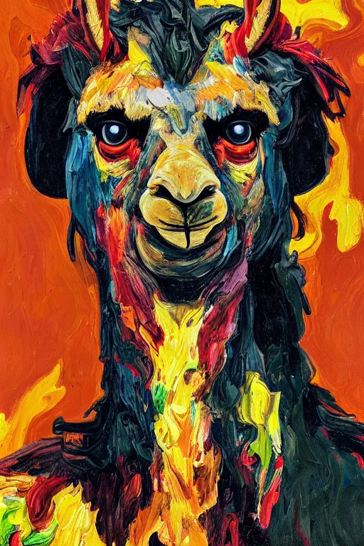 Image similar to Llama anthro portrait fire black red yellow orange llama portrait impasto oil painted daubed smoke flame fire army hellfire anton fadeev dug stanat simon stalenhag anato finnstark lucian freud nicola samori Frank Auerbach, llama, daily deviation