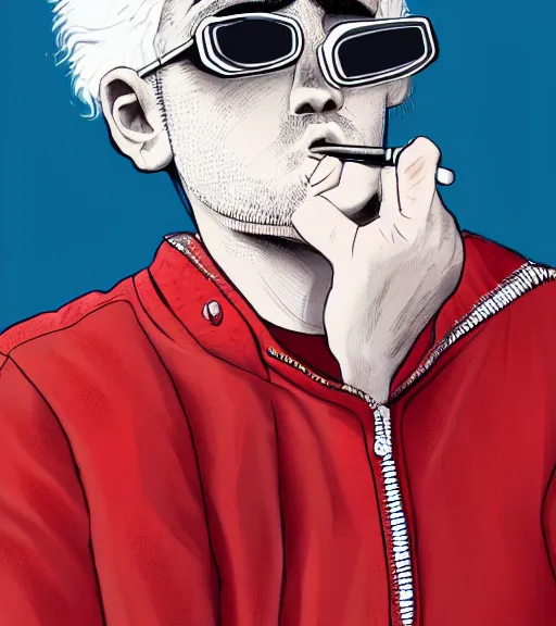 Image similar to young man in red jacket and white shirt, white hair, round goggles, smoking cigarette, character portrait, sharp focus, illustration, high detailed