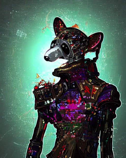 Image similar to glitch art character portrait of an anthropomorphic animal combat strategy a. i. in the style of cyberpunk in the style of magic the gathering trending on artstation deviantart pinterest furaffinity detailed realistic hd 8 k high resolution