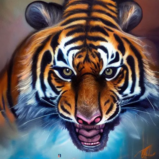 Prompt: an oil painting of a tiger dunking a basketball over Shaq Trending on Artstation, featured on Behance, well-rendered, fine detail, extra crisp image, Unreal Engine, 4K HD