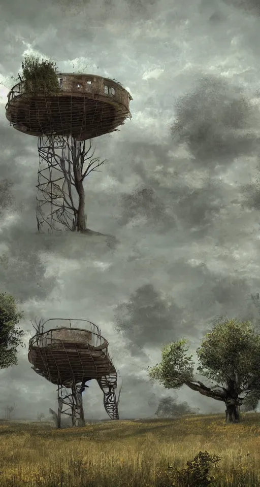 Image similar to tree - house on a rusty broken building constructions of a giant spiral upside - down staircase for multiple cases, leading to the sky, the ruins, in the steppe, summer field, misty background, from the game pathologic 2, highly detailed, sharp focus, matte painting, by isaac levitan and asher brown durand,