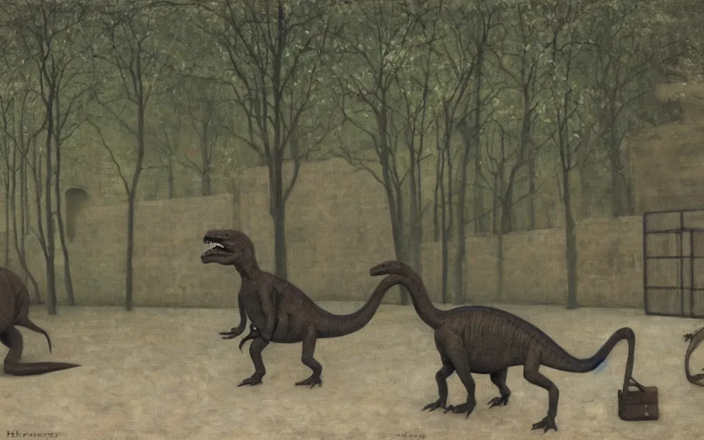 Prompt: a painting of a dinosaur in a zoo, in spring, oil on canvas, by hammershoi