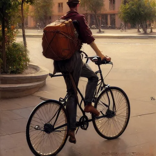 Prompt: uber eats delivery driver on a bicycle, very defined and highly detailed painting by gaston bussiere, j. c. leyendecker, craig mullins 8 k