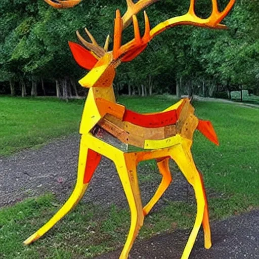 Image similar to A carnivorous deer sculpture made entirely from roadside traffic barrels