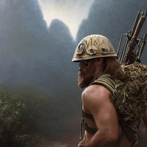 Prompt: an extremely detailed matte painting of a ridiculously good looking jesus that looks like a jewish gigachad in the vietnam war, ballistic helmet that says'born to save ', long curly hair, camouflaged gear, very detailed, jungles of vietnam beautiful, intricate, cinematic, artstation, william bouguereau, alphonse mucha, greg rutkowski, octane render