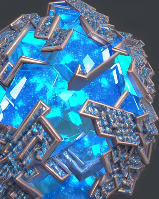 Image similar to beautiful concept art of a diamond filled with copper veins, blue translucent resin, bioluminescent, ultra realistic, ultra detailed, masterpiece by mc escher and hr giger, 8 k octane render, ambient diffusion, subsurface scattering, trending on artstation, cgstudio