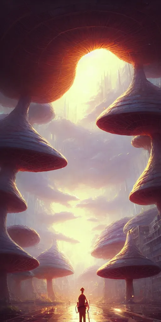 Image similar to a city built on a giant mushroom, unreal engine, fantasy art by greg rutkowski, loish, rhads, ferdinand knab, makoto shinkai and lois van baarle, ilya kuvshinov, rossdraws, tom bagshaw, global illumination, soft light, detailed and intricate environment