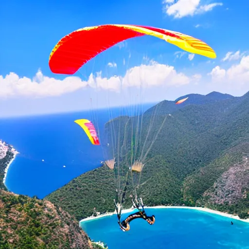 Prompt: elon musk is paragliding in oludeniz, studio ghibli, anime background, azure sky,