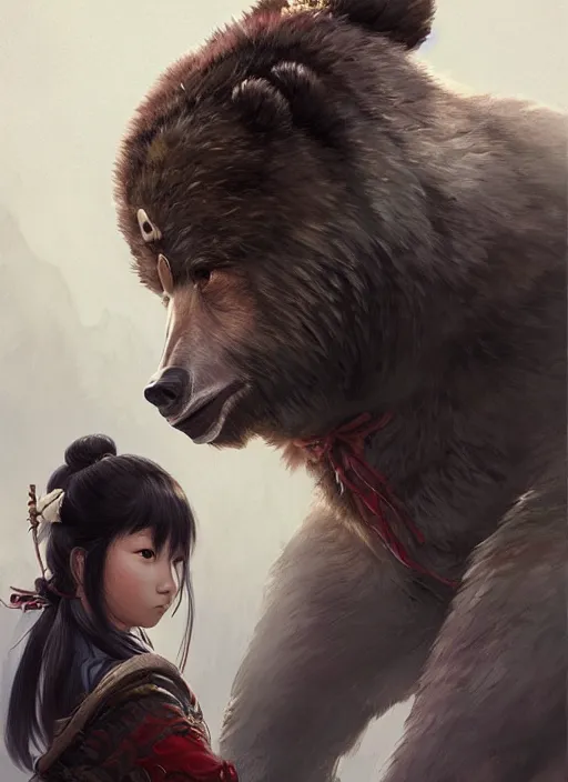 Image similar to japanese girl and a samurai werebear, d & d, fantasy, portrait, highly detailed, digital painting, trending on artstation, concept art, sharp focus, illustration, art by artgerm and greg rutkowski and magali villeneuve