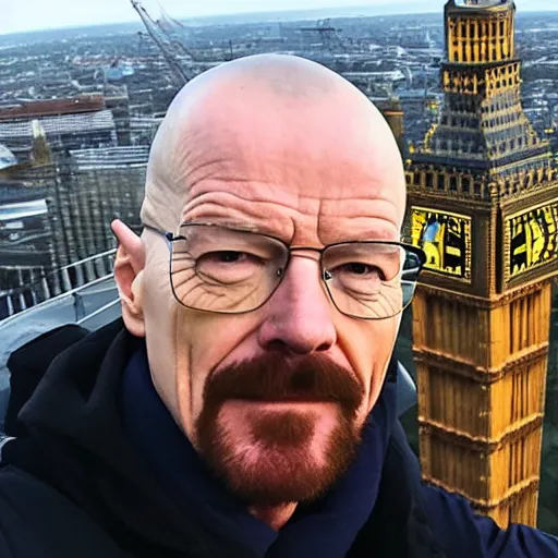 Image similar to walter white doing a selfie from the top of the big ben in london, realistic, cool, nice, beautiful