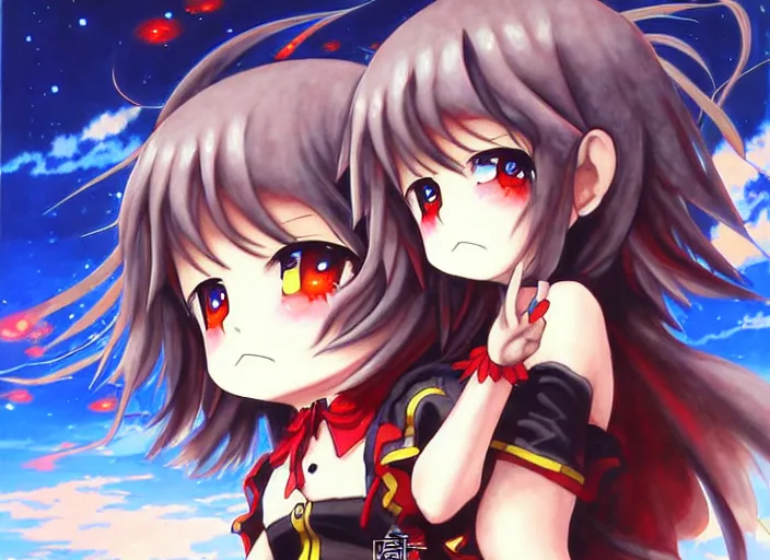 Image similar to megumin!!! casts nuclear explosion!!!, chibi art, an ultrafine detailed painting by ayami kojima, cgsociety, fantasy, anime digital art, lovecraftian, cosmic horror, detailed painting