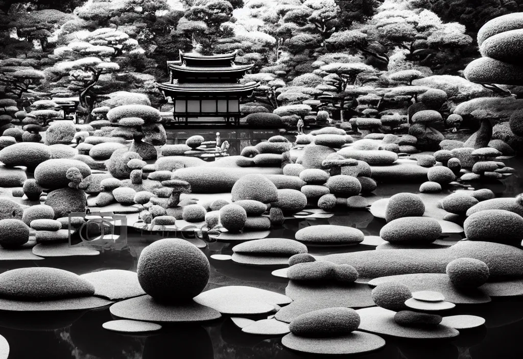 Image similar to serene beautiful temple rock garden kyoto, japan, a collage painting, in the style of wes anderson, lola dupre, david hockney, isolated on negative white space background dark monochrome fluorescent neon spraypaint accents volumetric octane render