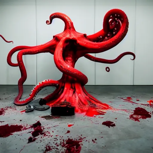 Prompt: a clean studio photography set, there is a bucket of red paint and it has just viciously exploded, there is paint EVERYWHERE, even on the giant octopus