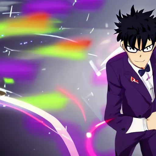 Image similar to a guy with black hair, wears a comedian purple suit and a red bowtie, anime character design key visual, Official media from My Hero Academia, sharp, 4k HD