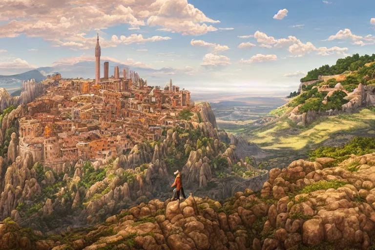 Image similar to an ultra detailed matte landscape painting of an extremely tall and strong young man with short brown hair standing on a cliff overlooking a medieval capital built on top of many hills, italian renaissance architecture, ultrawide lense, aerial photography, 8 k, volumetric lighting, smooth, highly detailed, digital illustration, art by kentaro miura and akira toriyama and artgerm