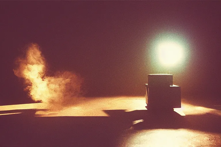 Image similar to backlit photograph of black box pouring energy into suburban room, crisp focus, 3 5 mm ektachrome